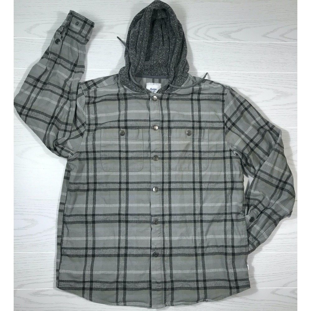 Katin Hoodie Men Large Gray Flannel Button Snap Pockets Shacket Surf Grunge Work